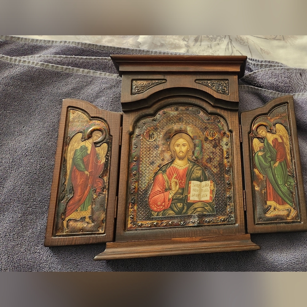 Wooden Religious Icon Triptych
